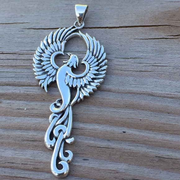 Large Phoenix Rising Pendant solid .925 Sterling Silver Peter Stone Fire Bird - Picture 6 of 10